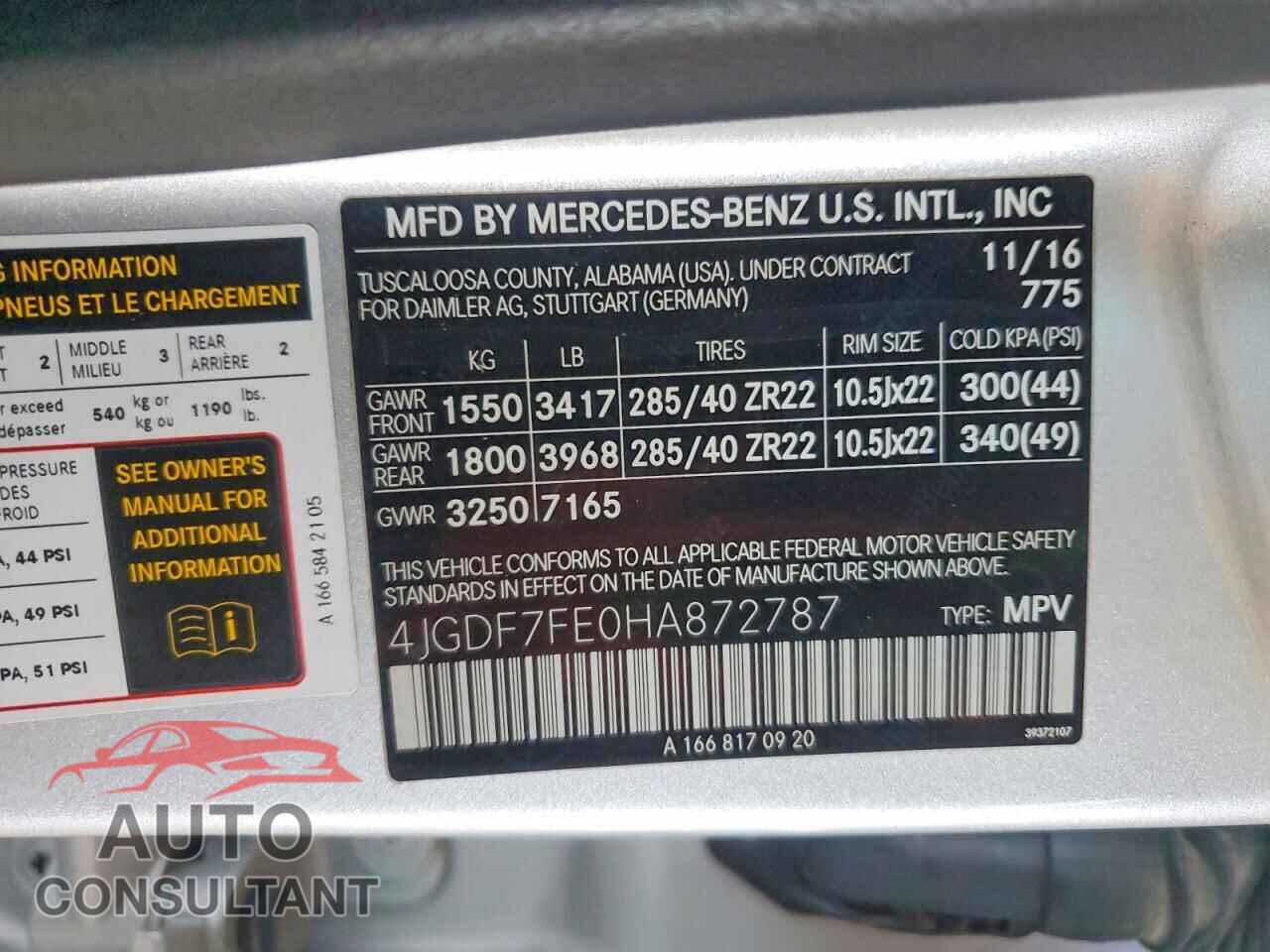 MERCEDES-BENZ GLS-CLASS 2017 - 4JGDF7FE0HA872787