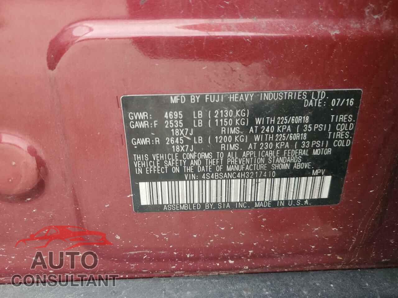 SUBARU OUTBACK 2017 - 4S4BSANC4H3217410