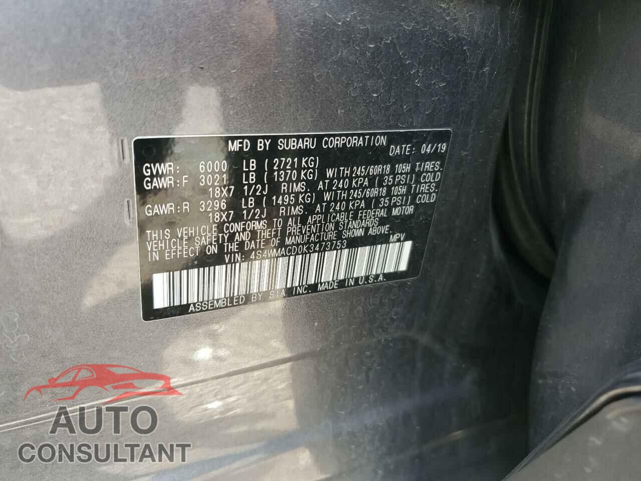 SUBARU ASCENT 2019 - 4S4WMACD0K3473753