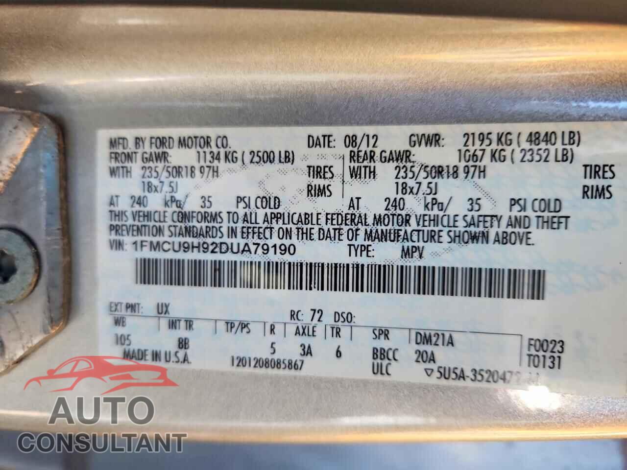 FORD ESCAPE 2013 - 1FMCU9H92DUA79190