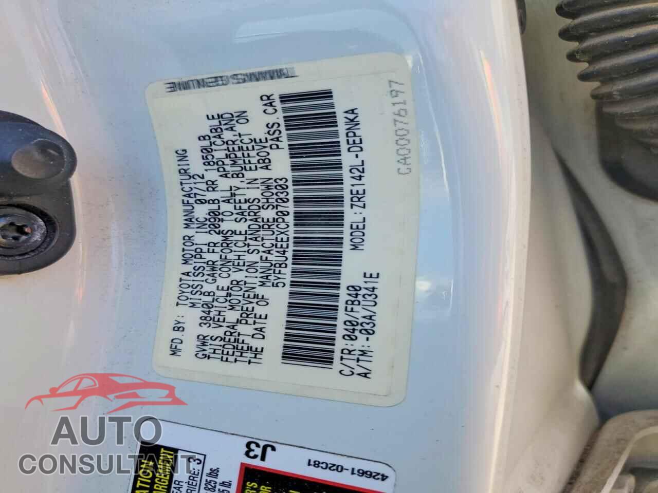 TOYOTA COROLLA 2012 - 5YFBU4EEXCP070303