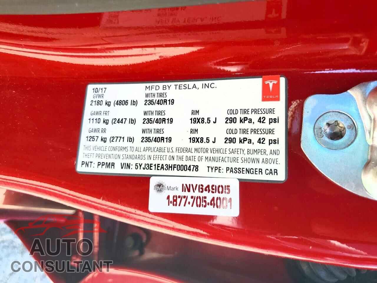 TESLA MODEL 3 2017 - 5YJ3E1EA3HF000478
