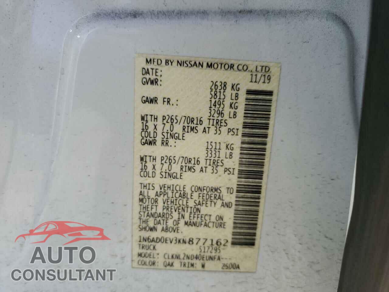 NISSAN FRONTIER 2019 - 1N6AD0EV3KN877162
