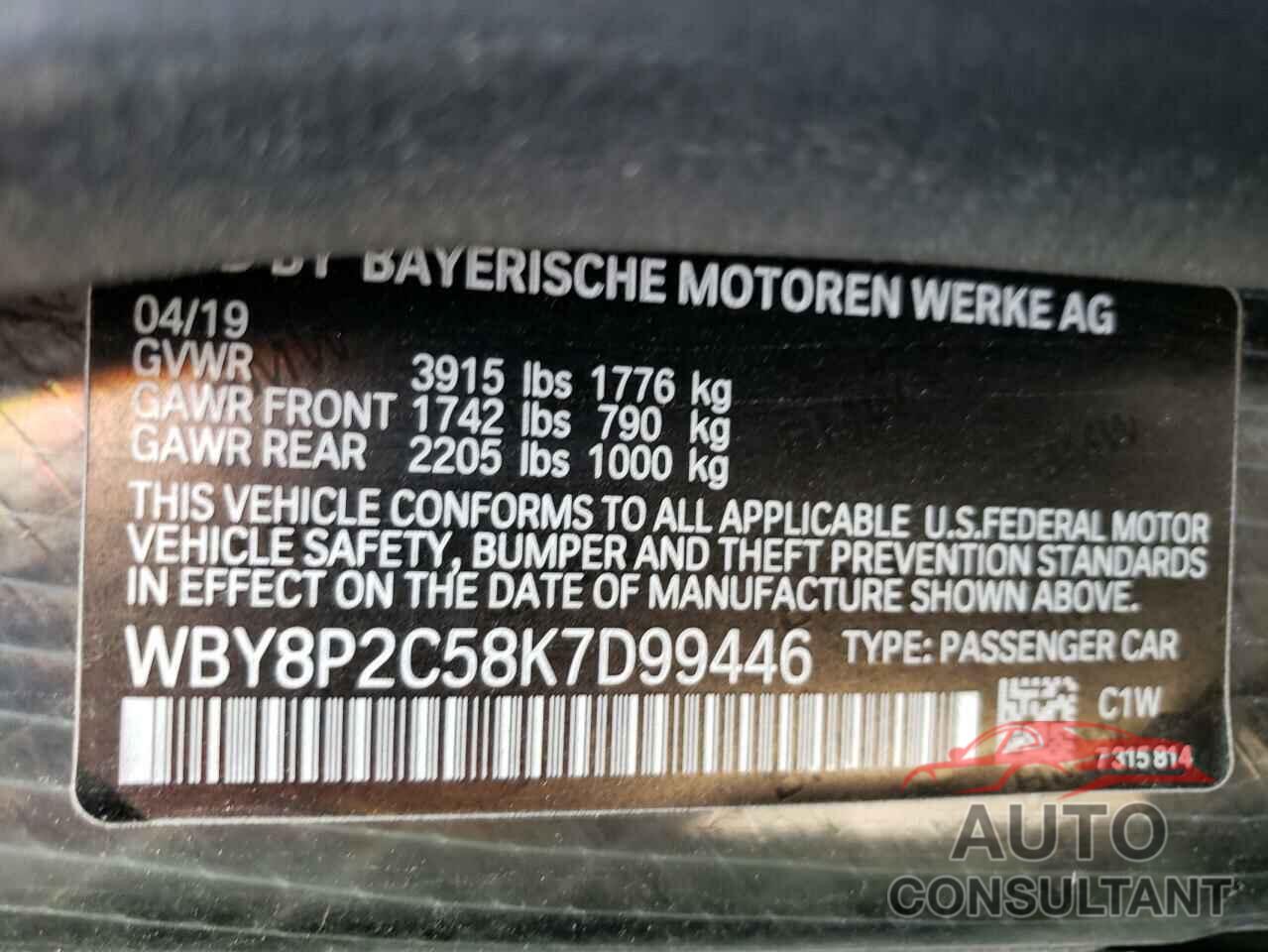 BMW I SERIES 2019 - WBY8P2C58K7D99446