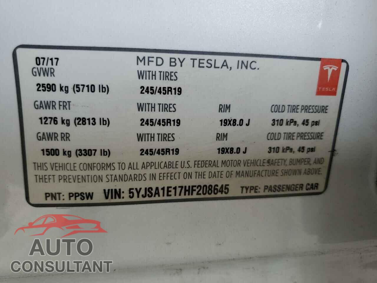 TESLA MODEL S 2017 - 5YJSA1E17HF208645
