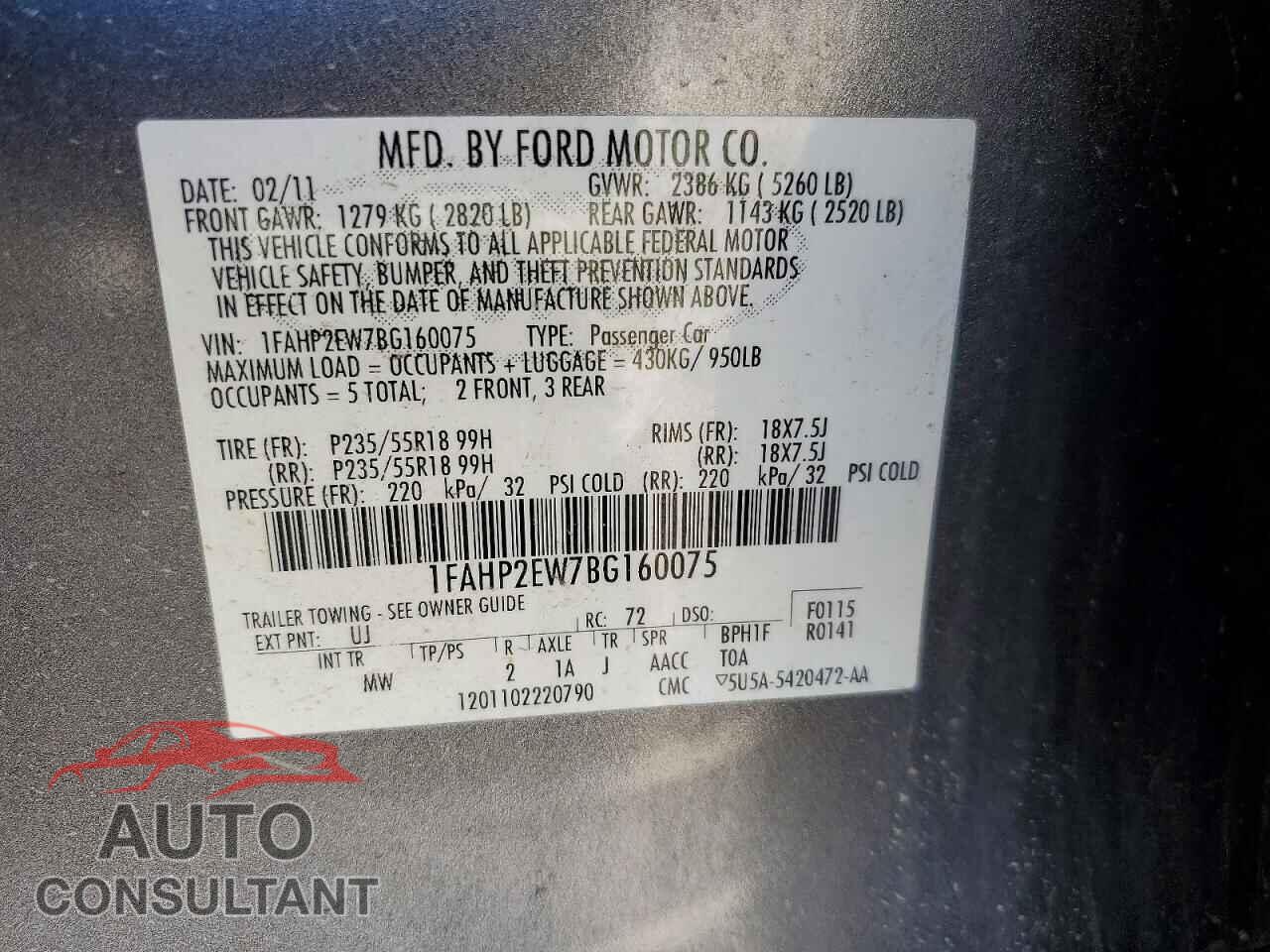 FORD TAURUS 2011 - 1FAHP2EW7BG160075