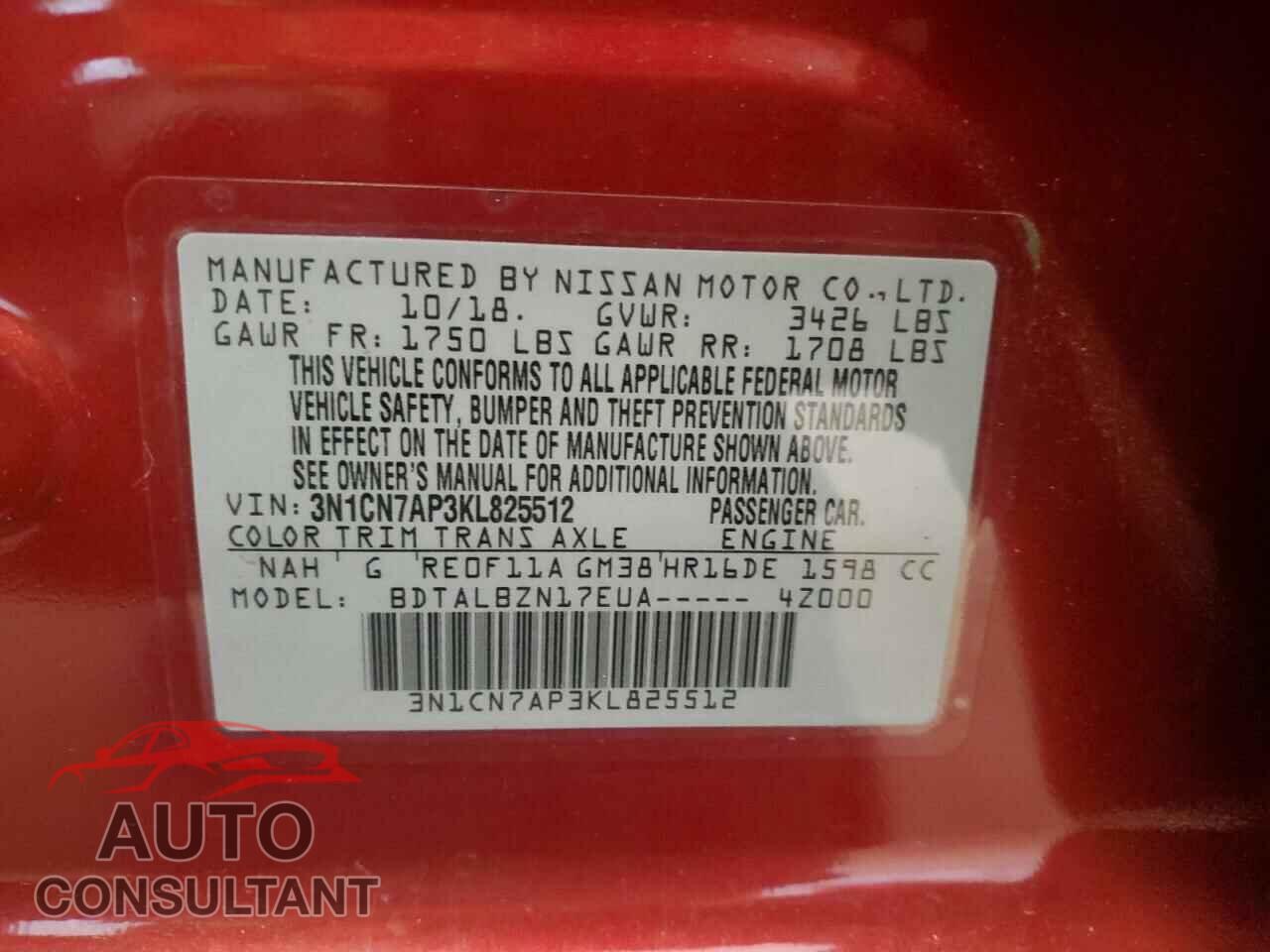 NISSAN VERSA 2019 - 3N1CN7AP3KL825512