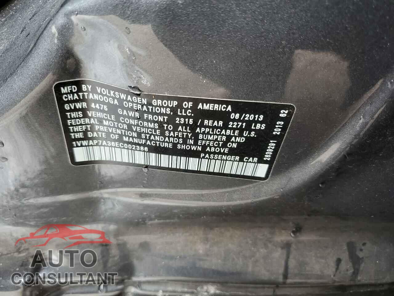 VOLKSWAGEN PASSAT 2014 - 1VWAP7A36EC002386
