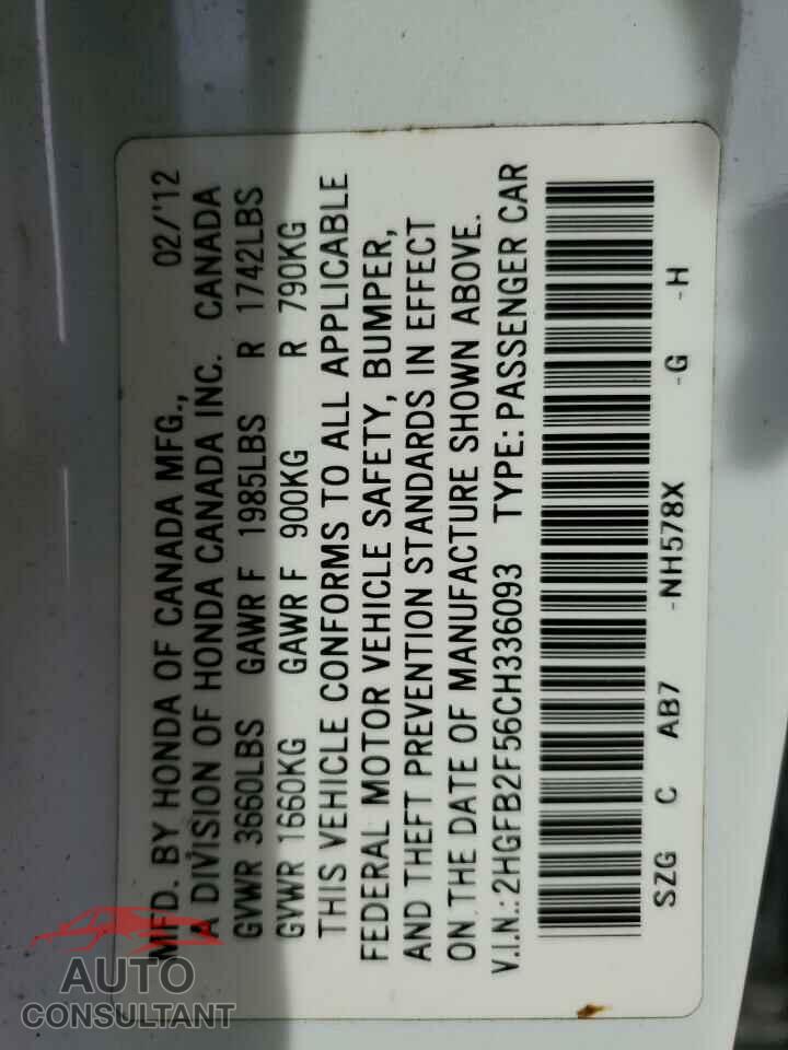 HONDA CIVIC 2012 - 2HGFB2F56CH336093