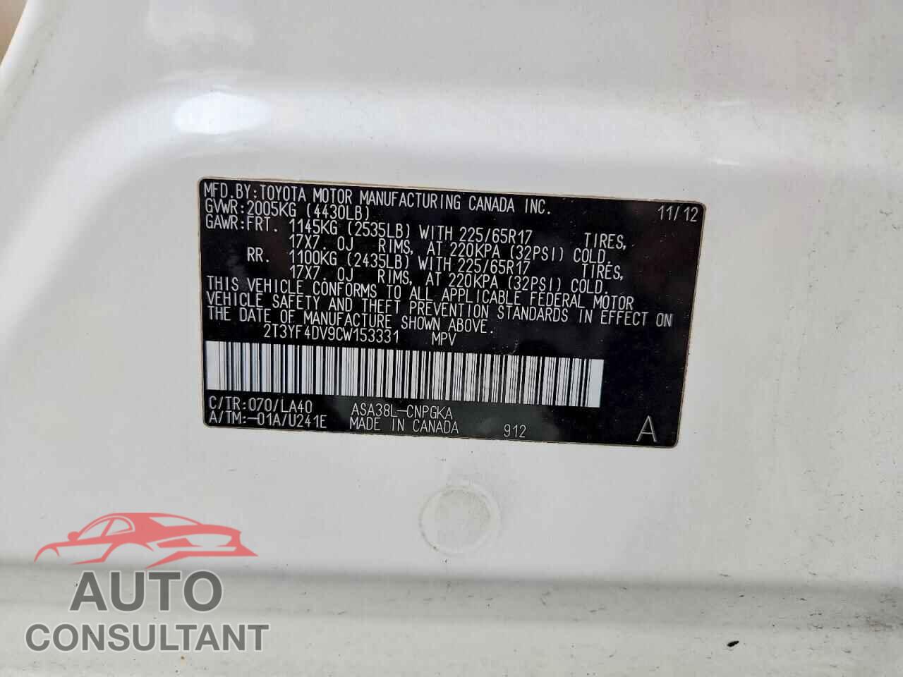 TOYOTA RAV4 2012 - 2T3YF4DV9CW153331