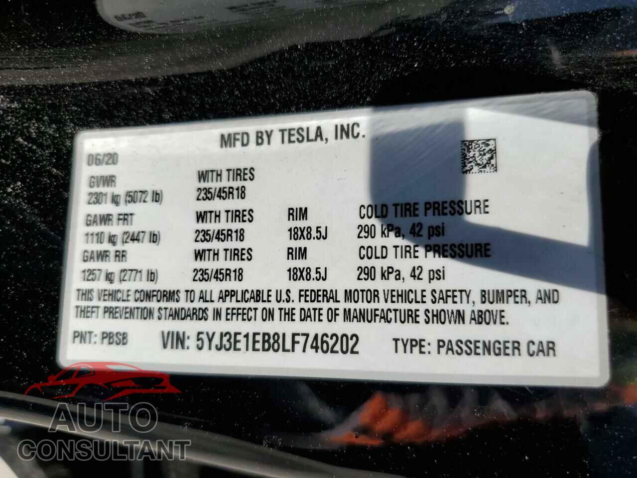 TESLA MODEL 3 2020 - 5YJ3E1EB8LF746202