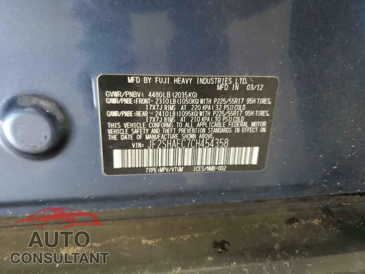 SUBARU FORESTER 2012 - JF2SHAEC7CH454358
