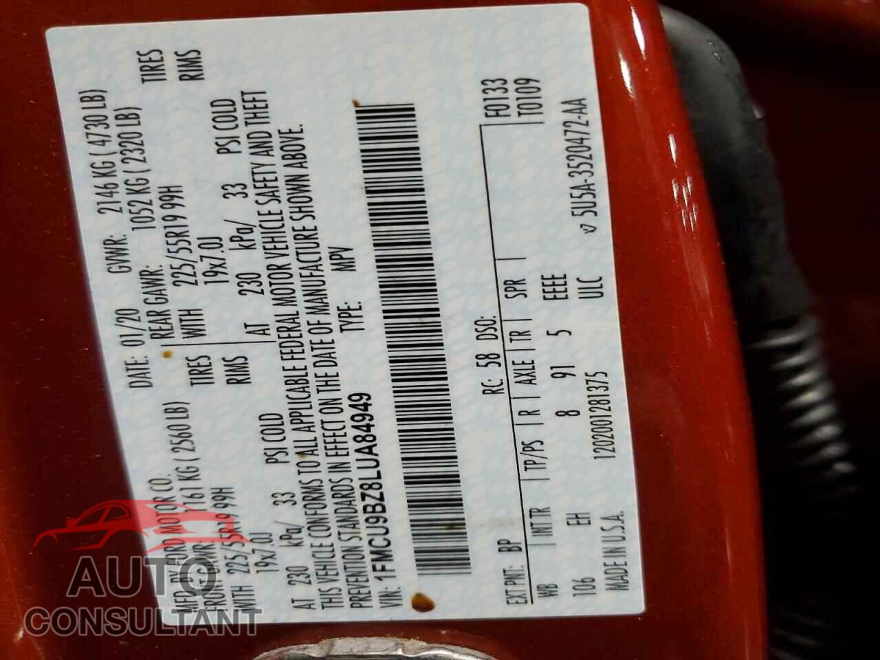 FORD ESCAPE 2020 - 1FMCU9BZ8LUA84949