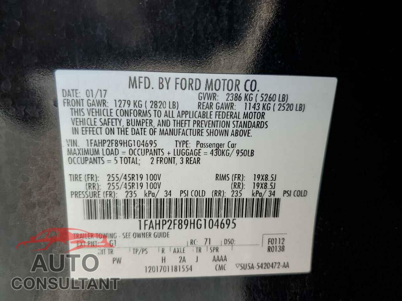 FORD TAURUS 2017 - 1FAHP2F89HG104695