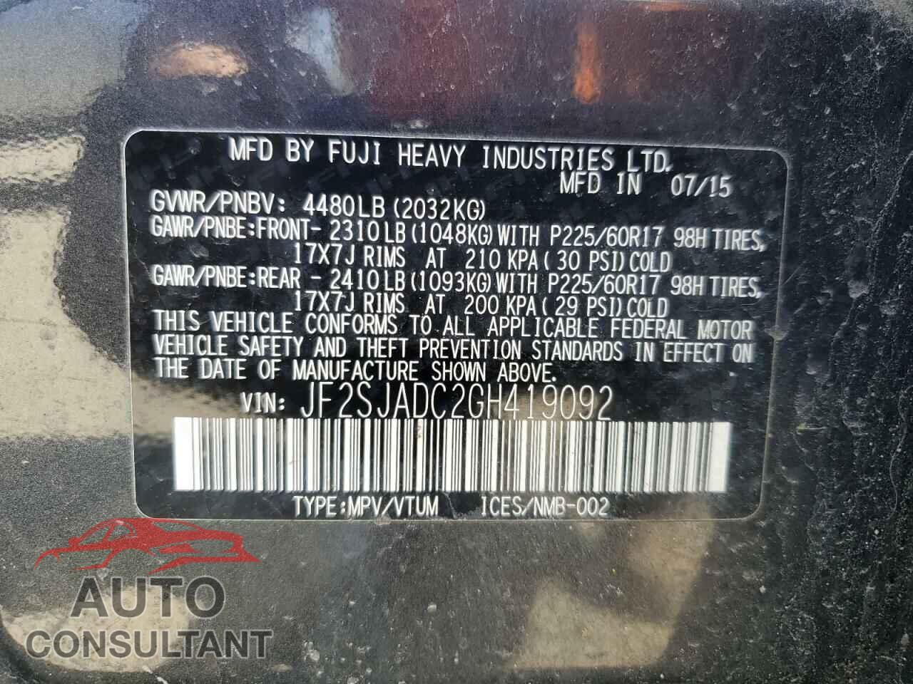 SUBARU FORESTER 2016 - JF2SJADC2GH419092