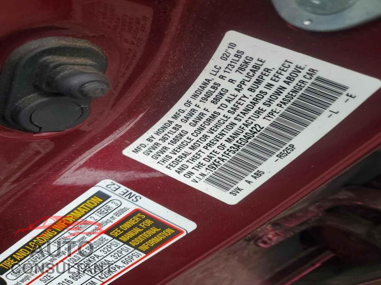 HONDA CIVIC 2010 - 19XFA1F53AE040422