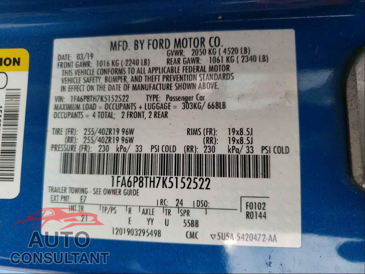 FORD MUSTANG 2019 - 1FA6P8TH7K5152522