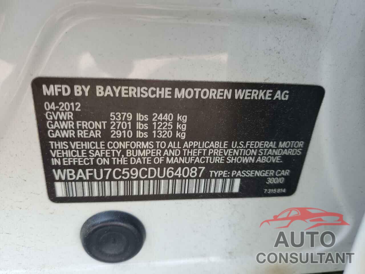 BMW 5 SERIES 2012 - WBAFU7C59CDU64087