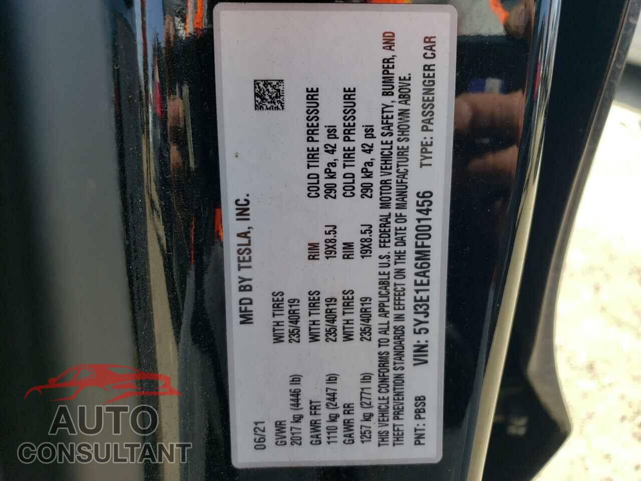 TESLA MODEL 3 2021 - 5YJ3E1EA6MF001456