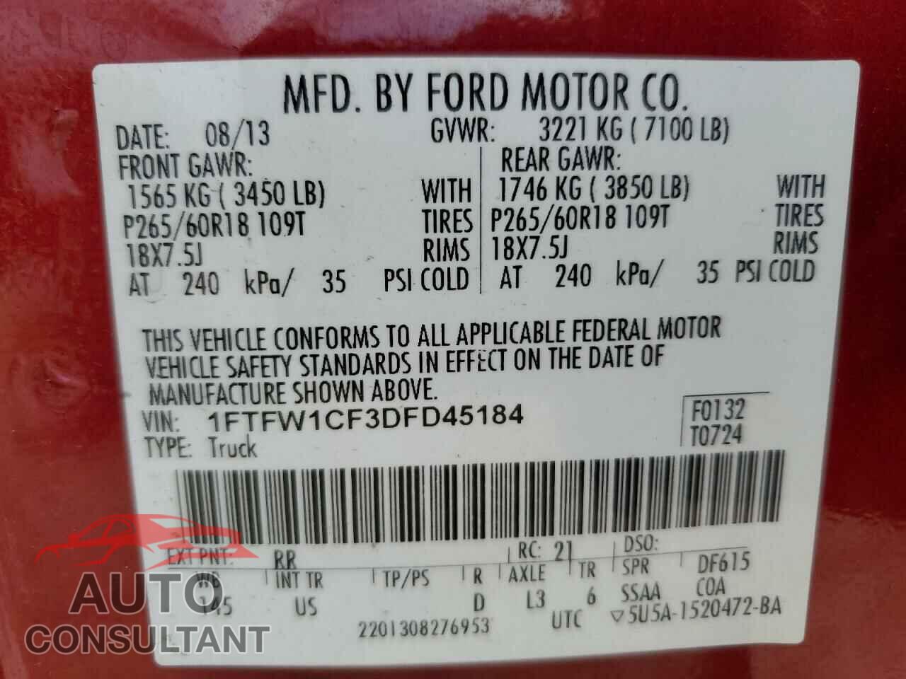 FORD F-150 2013 - 1FTFW1CF3DFD45184