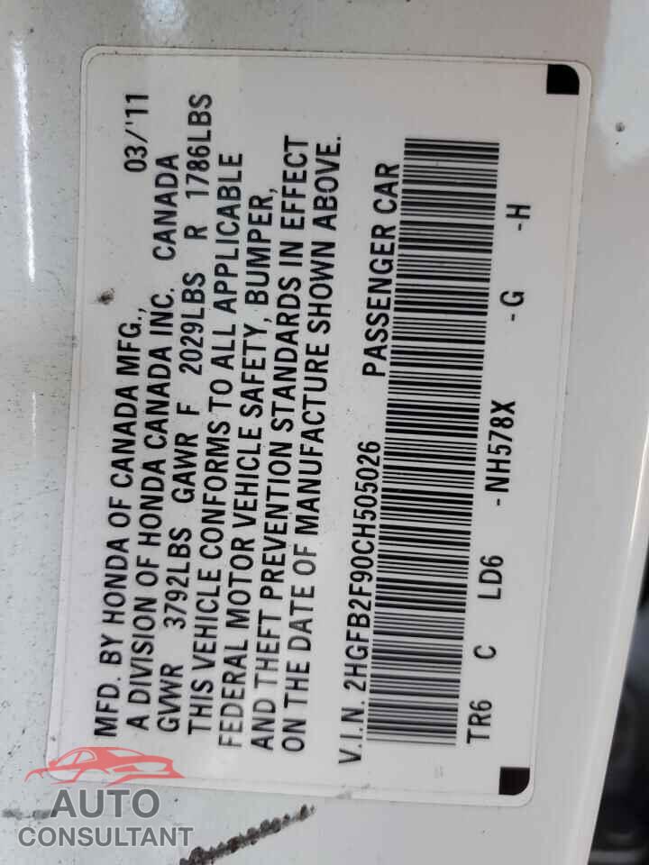 HONDA CIVIC 2012 - 2HGFB2F90CH505026