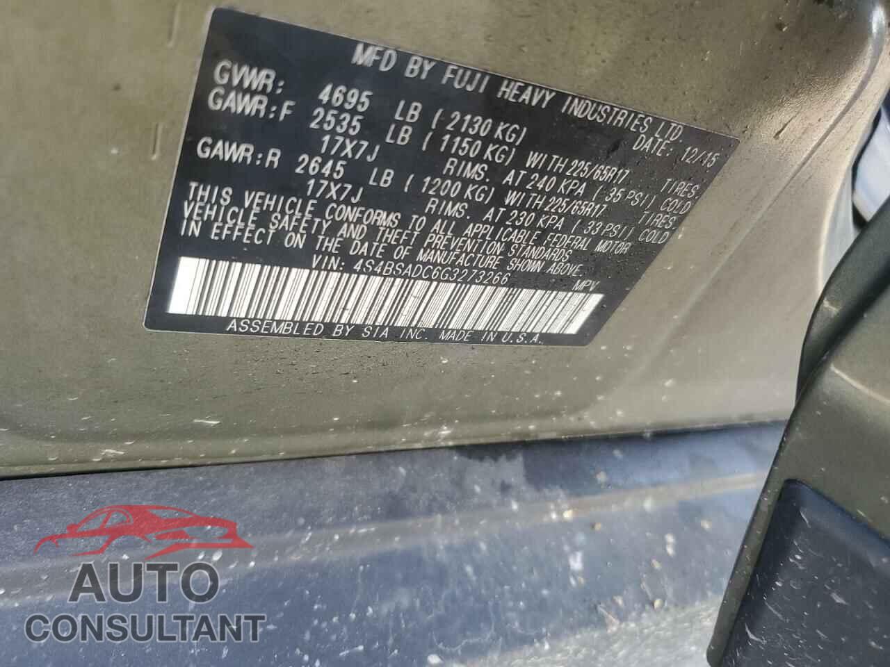 SUBARU OUTBACK 2016 - 4S4BSADC6G3273266
