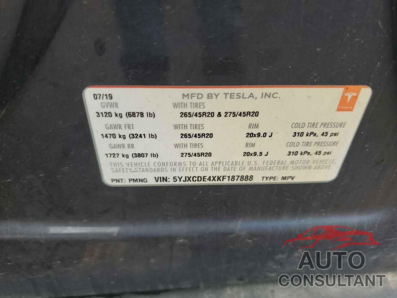 TESLA MODEL X 2019 - 5YJXCDE4XKF187888