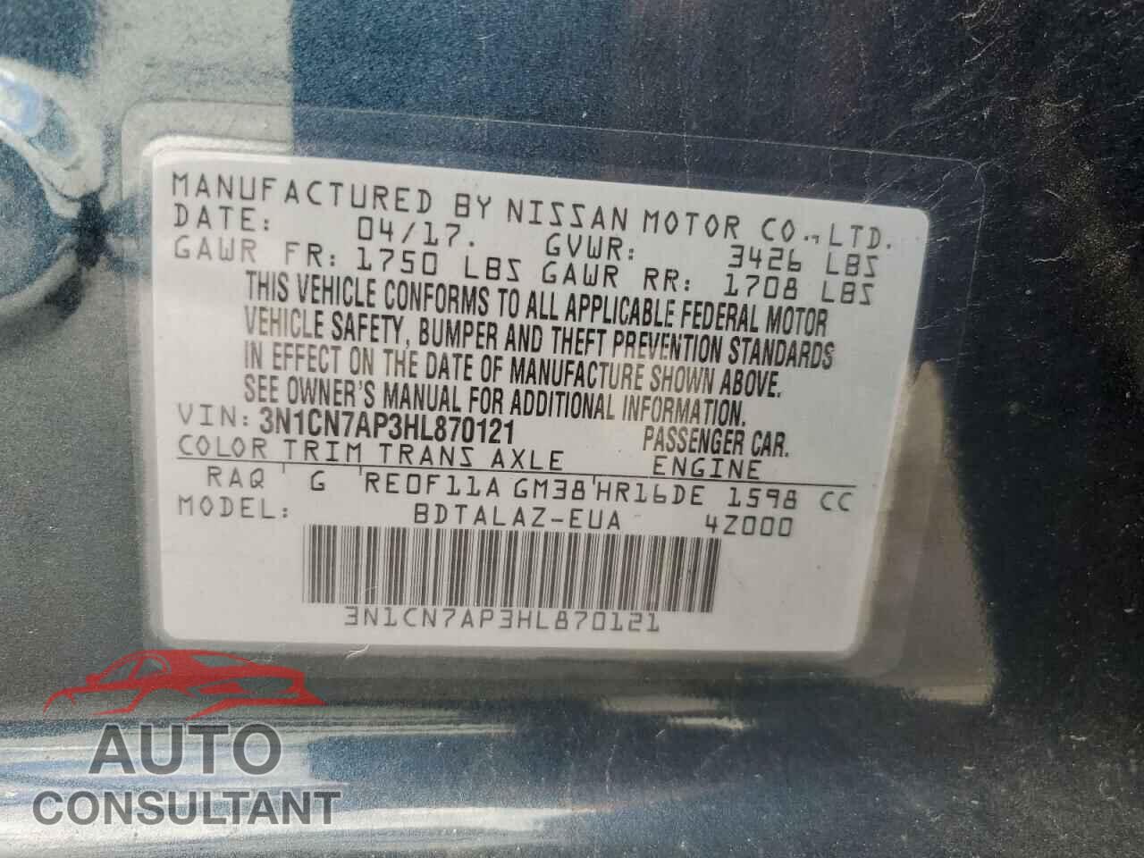 NISSAN VERSA 2017 - 3N1CN7AP3HL870121