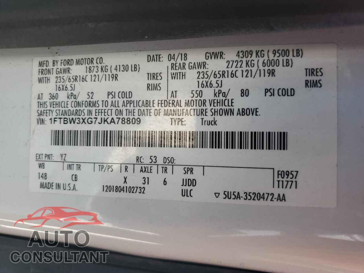 FORD TRANSIT 2018 - 1FTBW3XG7JKA78809