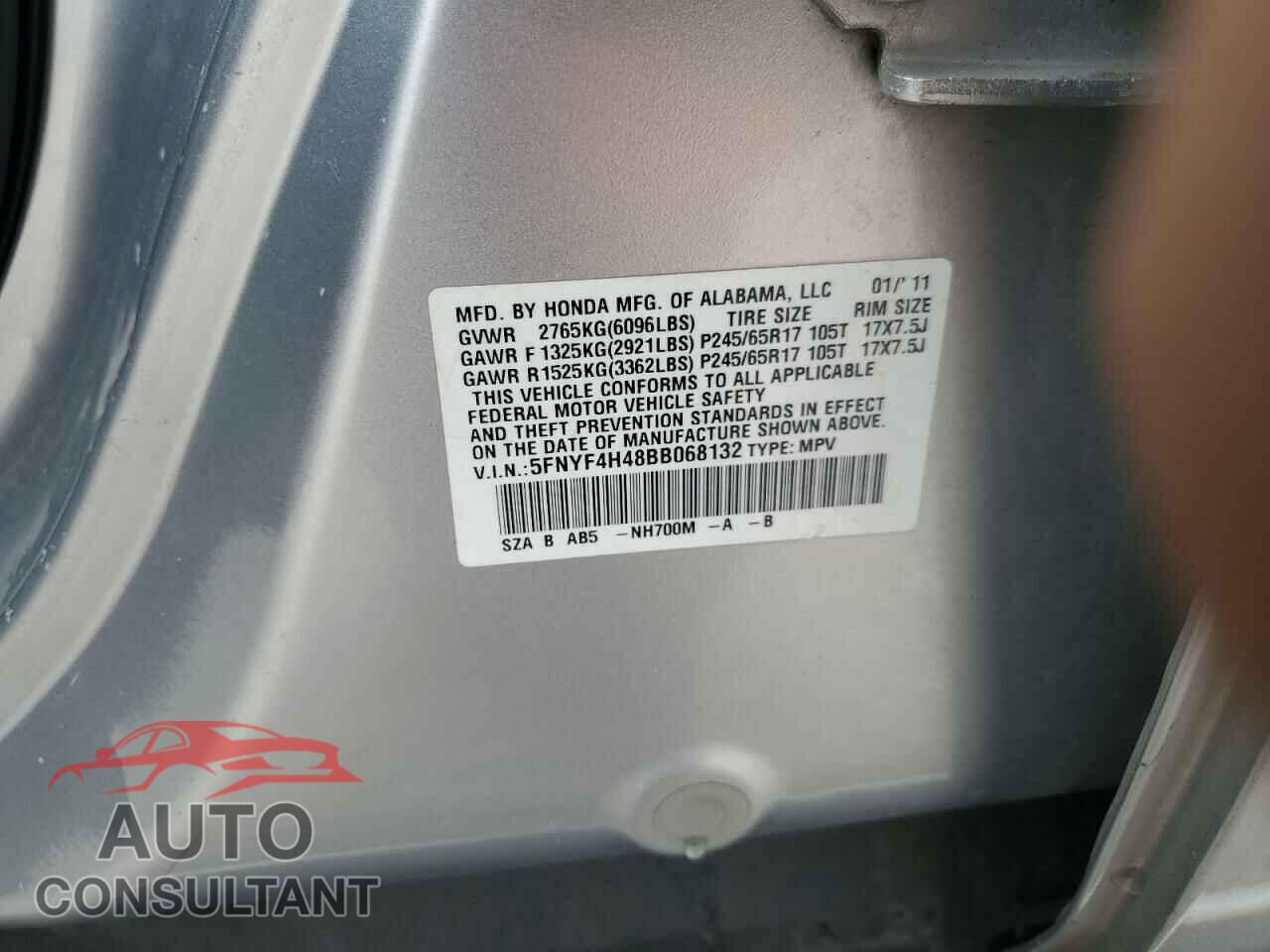 HONDA PILOT 2011 - 5FNYF4H48BB068132