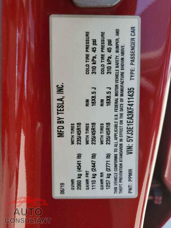 TESLA MODEL 3 2019 - 5YJ3E1EA3KF411435
