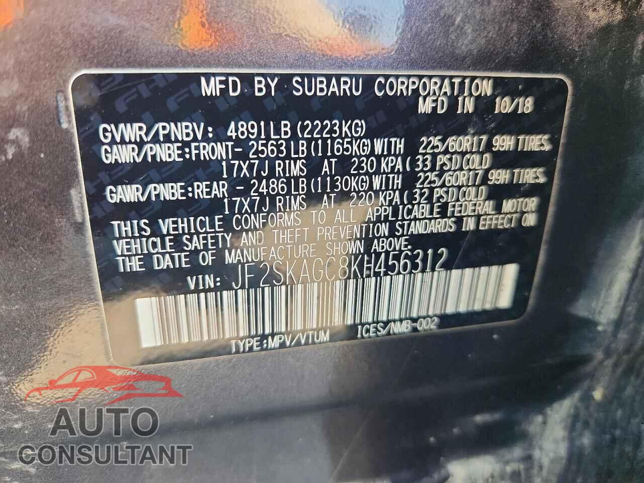 SUBARU FORESTER 2019 - JF2SKAGC8KH456312