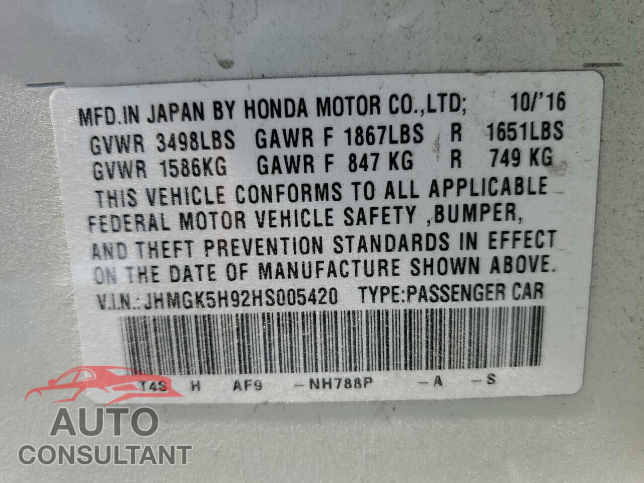 HONDA FIT 2017 - JHMGK5H92HS005420