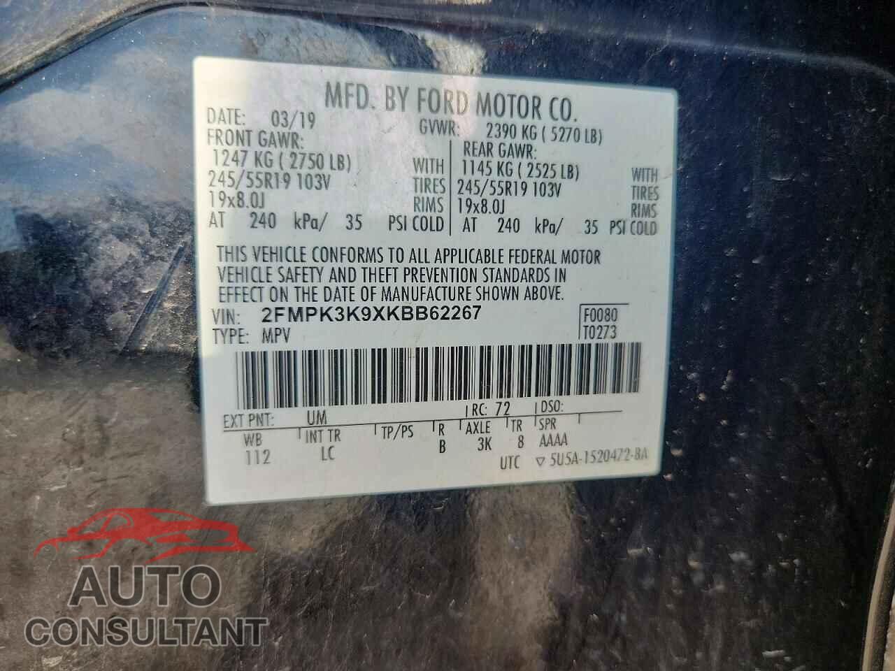 FORD EDGE 2019 - 2FMPK3K9XKBB62267