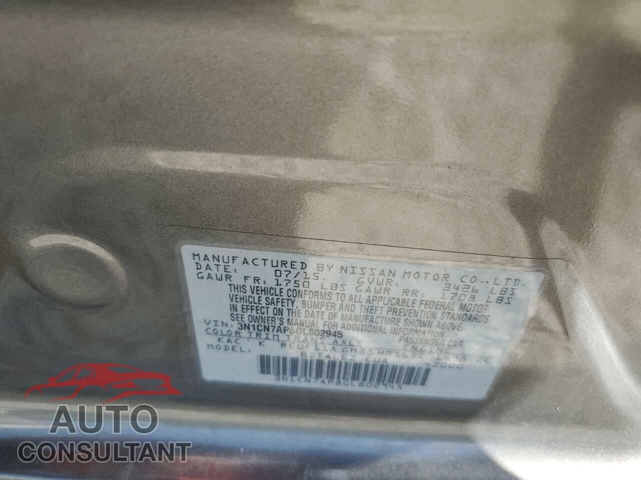 NISSAN VERSA 2016 - 3N1CN7AP8GL802945