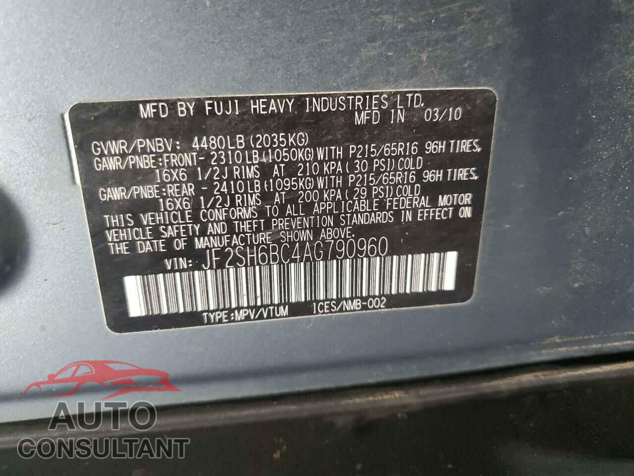 SUBARU FORESTER 2010 - JF2SH6BC4AG790960