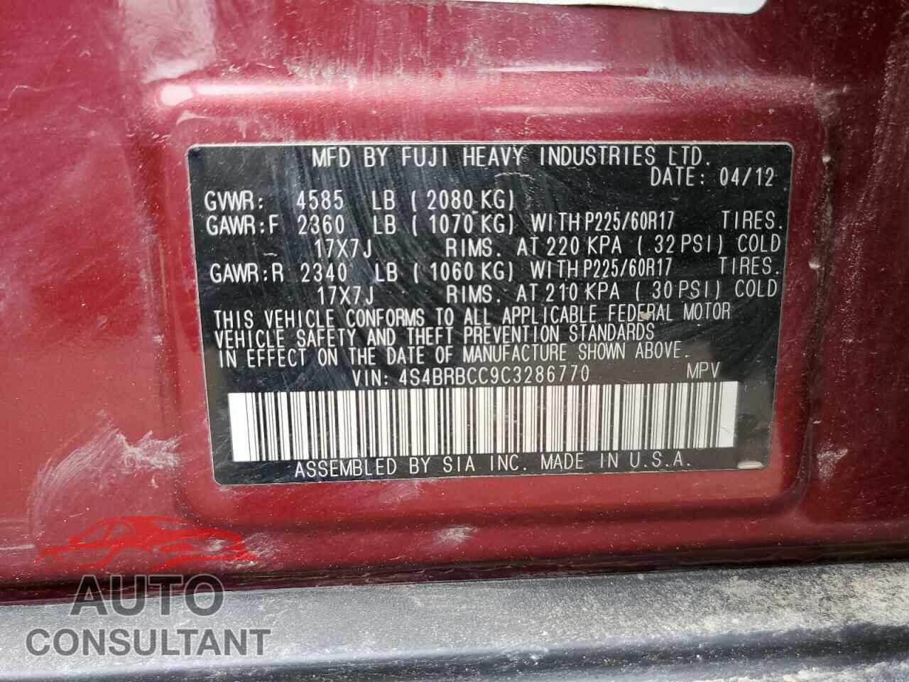 SUBARU OUTBACK 2012 - 4S4BRBCC9C3286770