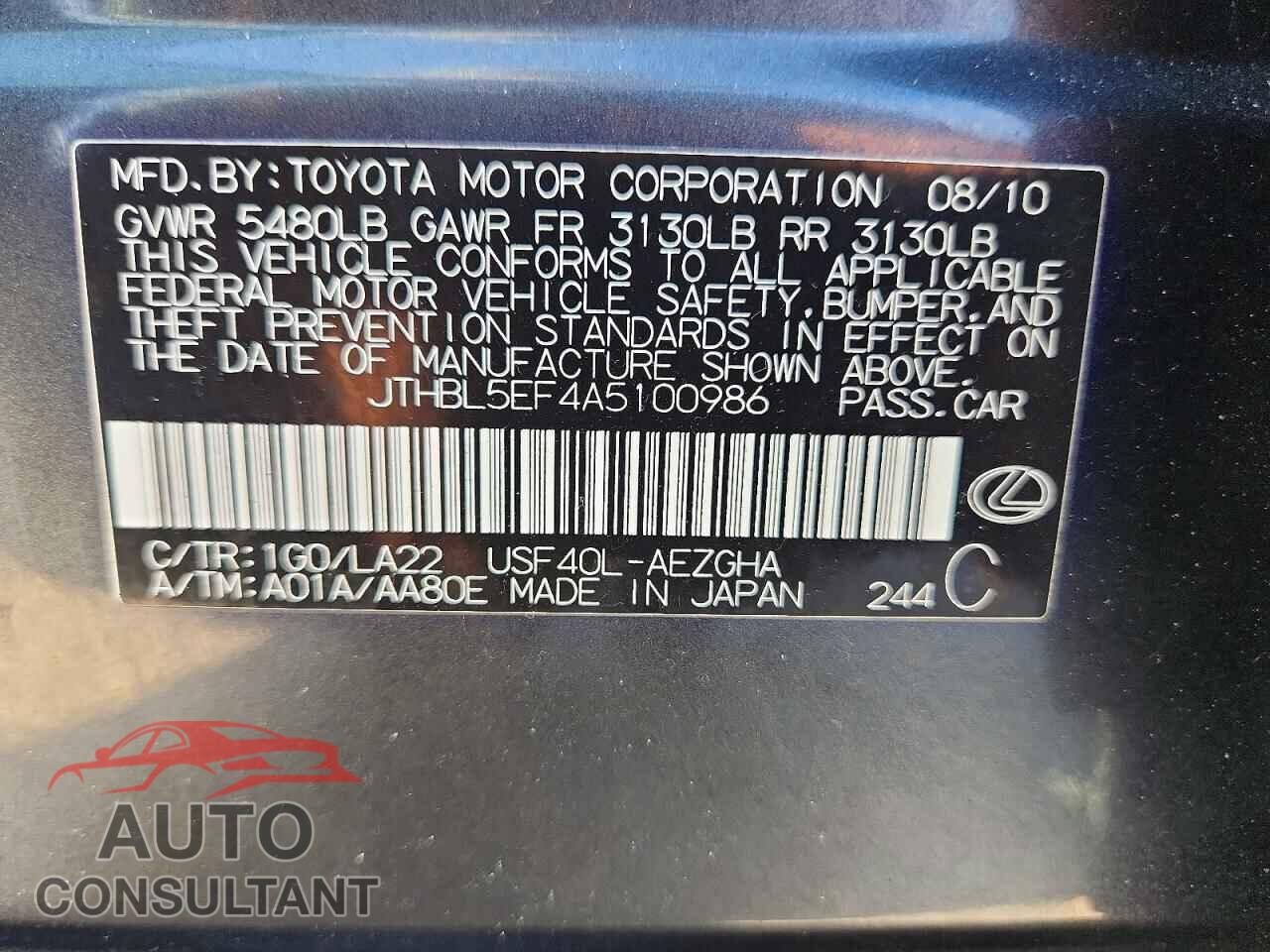 LEXUS LS460 2010 - JTHBL5EF4A5100986