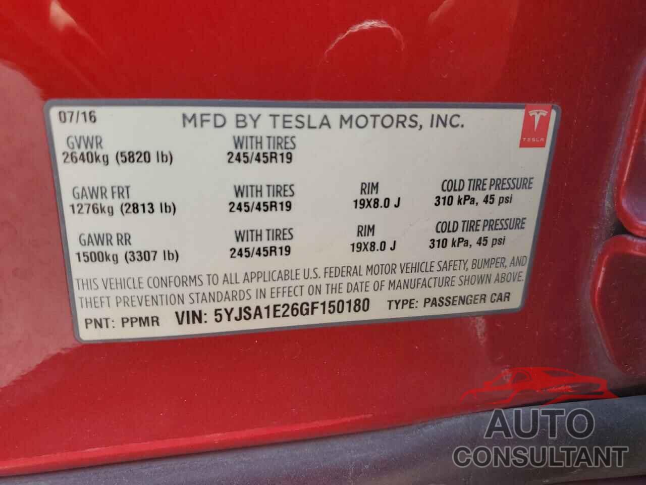 TESLA MODEL S 2016 - 5YJSA1E26GF150180