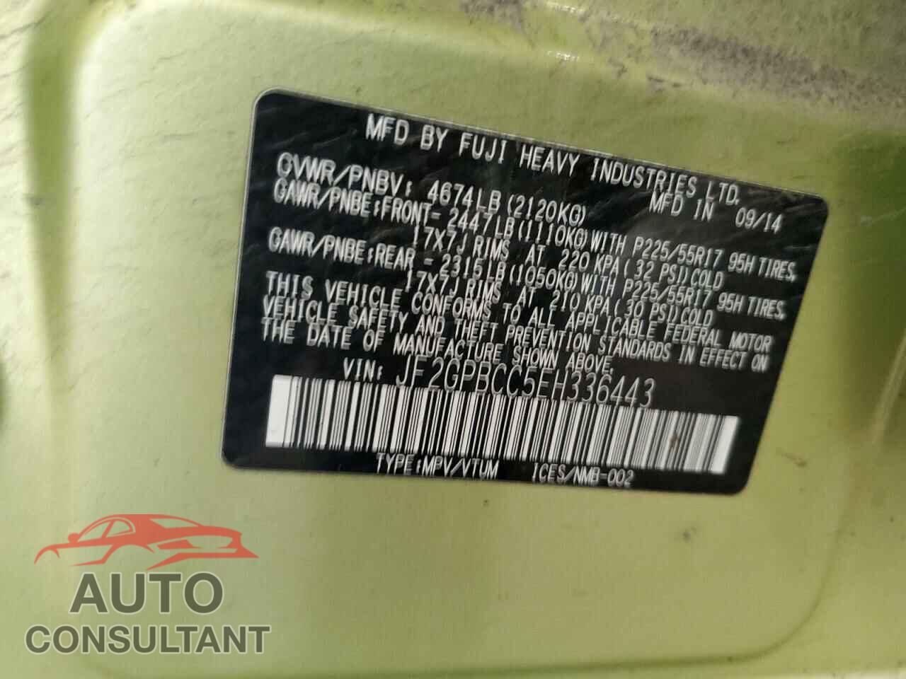 SUBARU XV 2014 - JF2GPBCC5EH336443