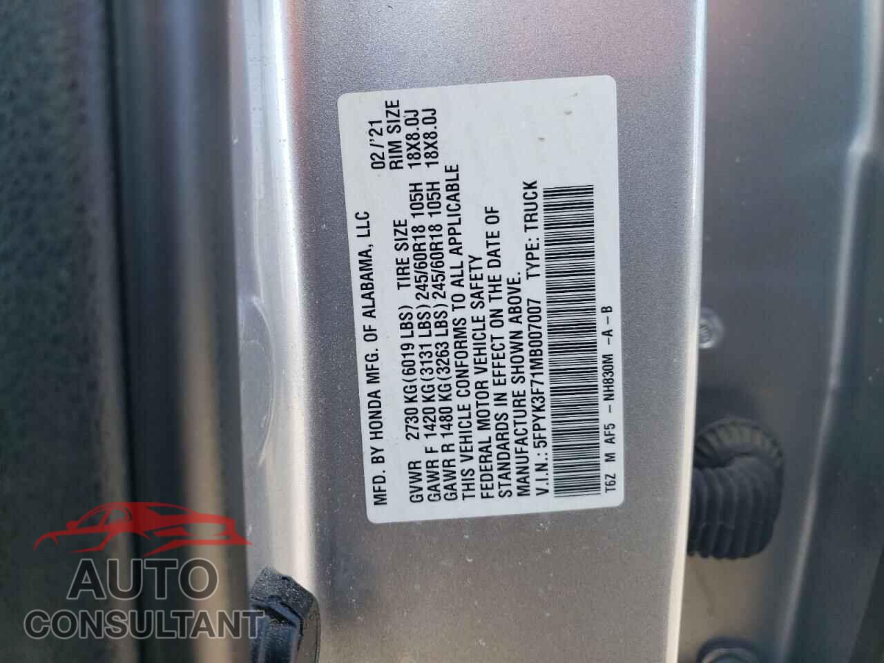 HONDA RIDGELINE 2021 - 5FPYK3F71MB007007