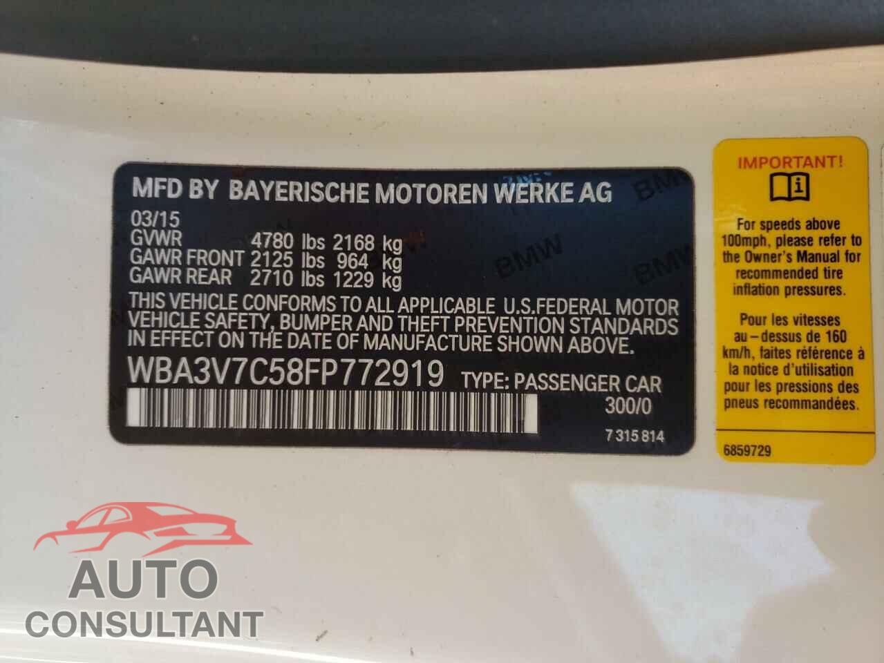BMW 4 SERIES 2015 - WBA3V7C58FP772919