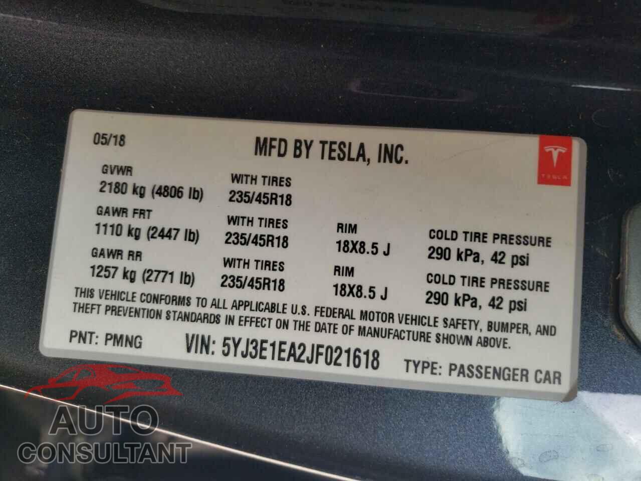 TESLA MODEL 3 2018 - 5YJ3E1EA2JF021618