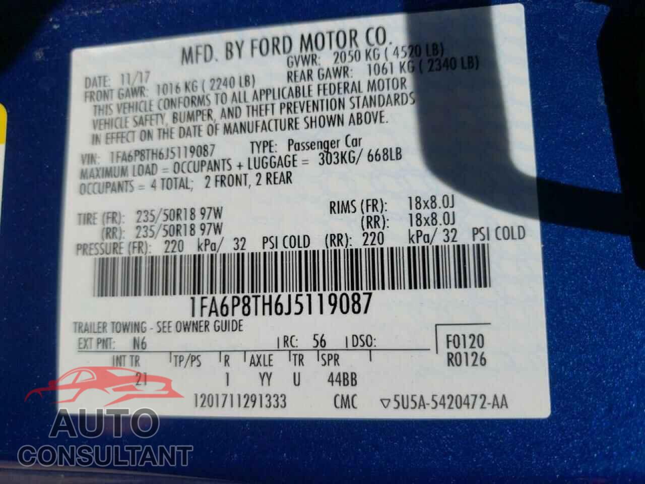 FORD MUSTANG 2018 - 1FA6P8TH6J5119087