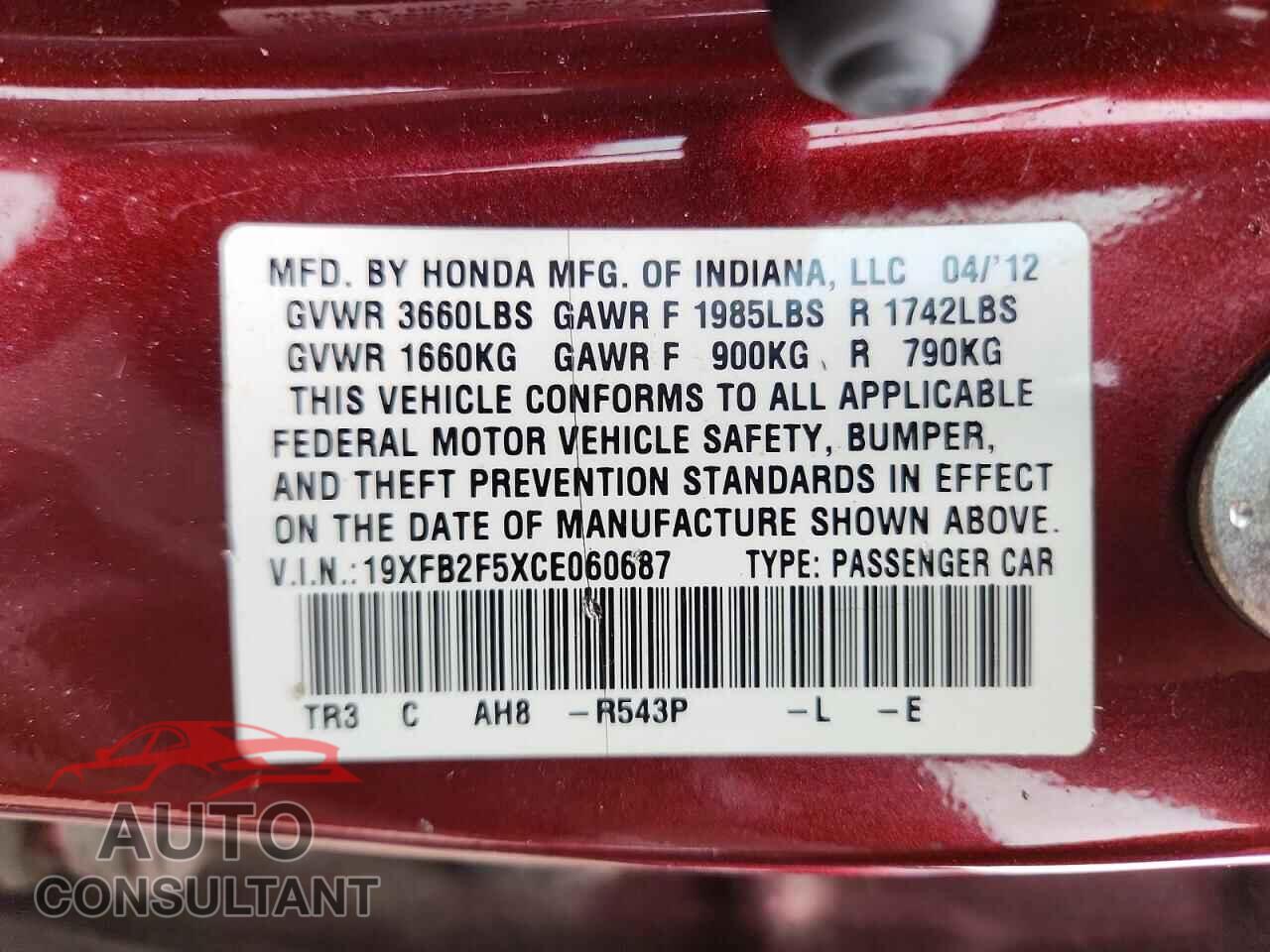 HONDA CIVIC 2012 - 19XFB2F5XCE060687