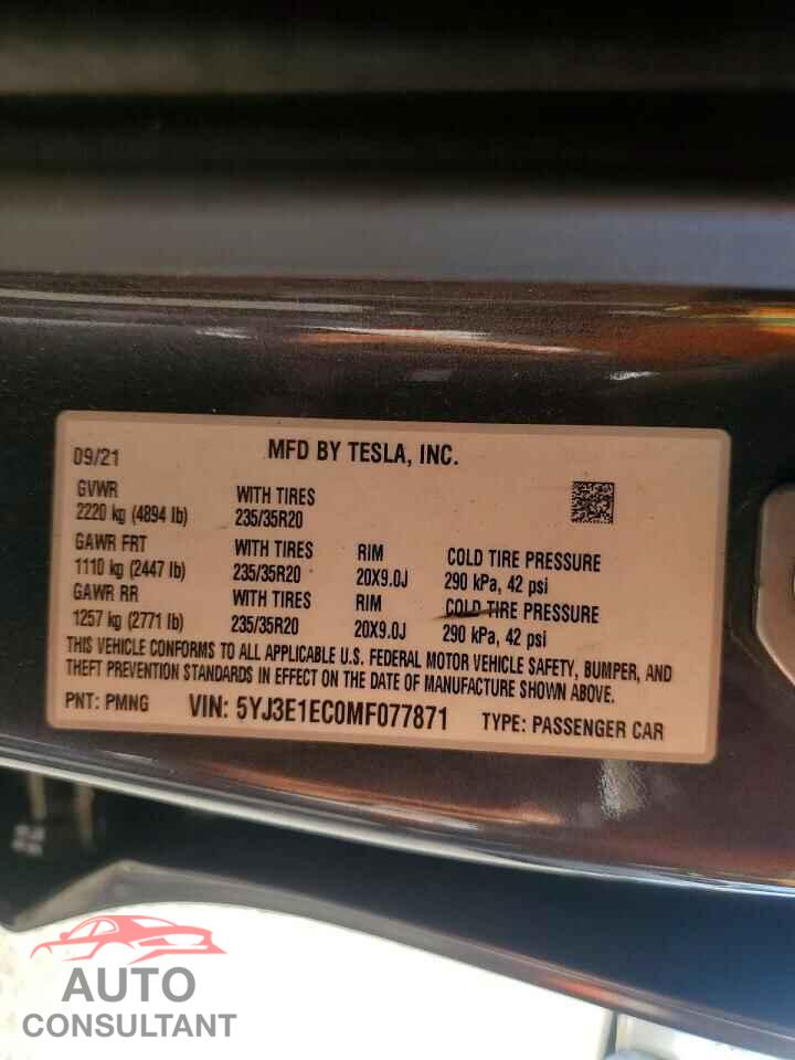 TESLA MODEL 3 2021 - 5YJ3E1EC0MF077871