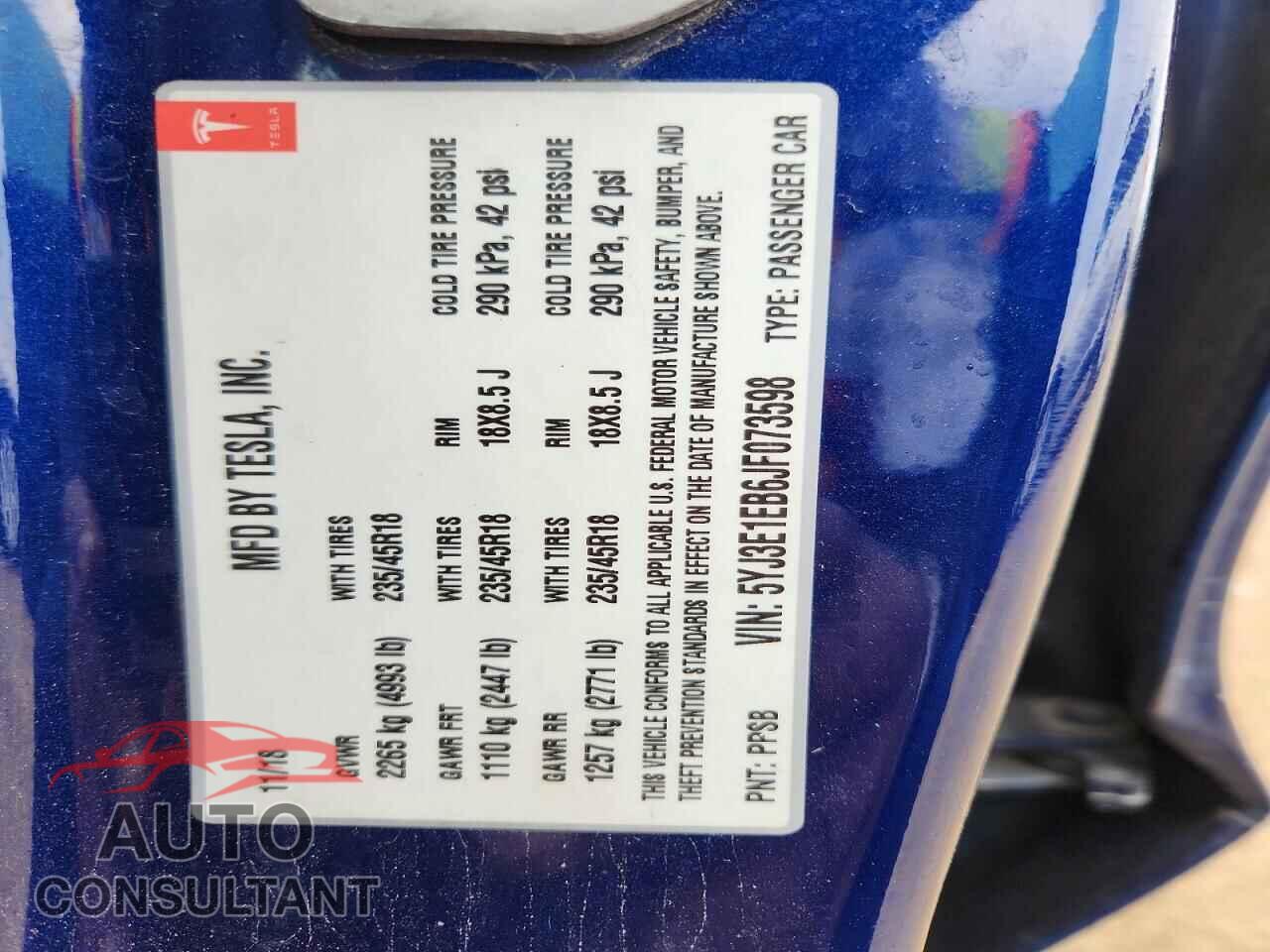 TESLA MODEL 3 2018 - 5YJ3E1EB6JF073598