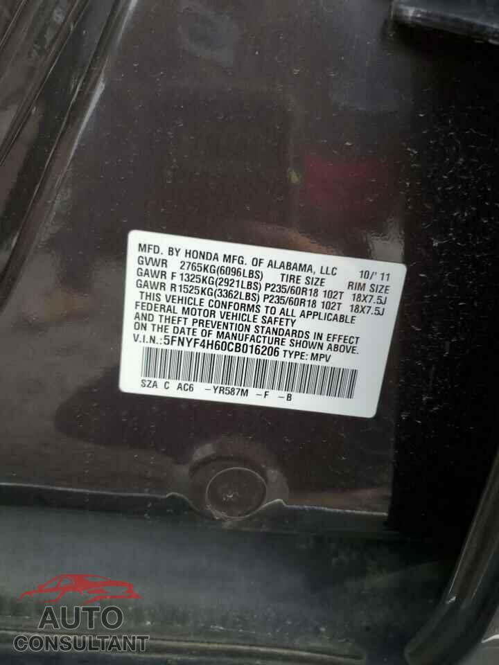 HONDA PILOT 2012 - 5FNYF4H60CB016206