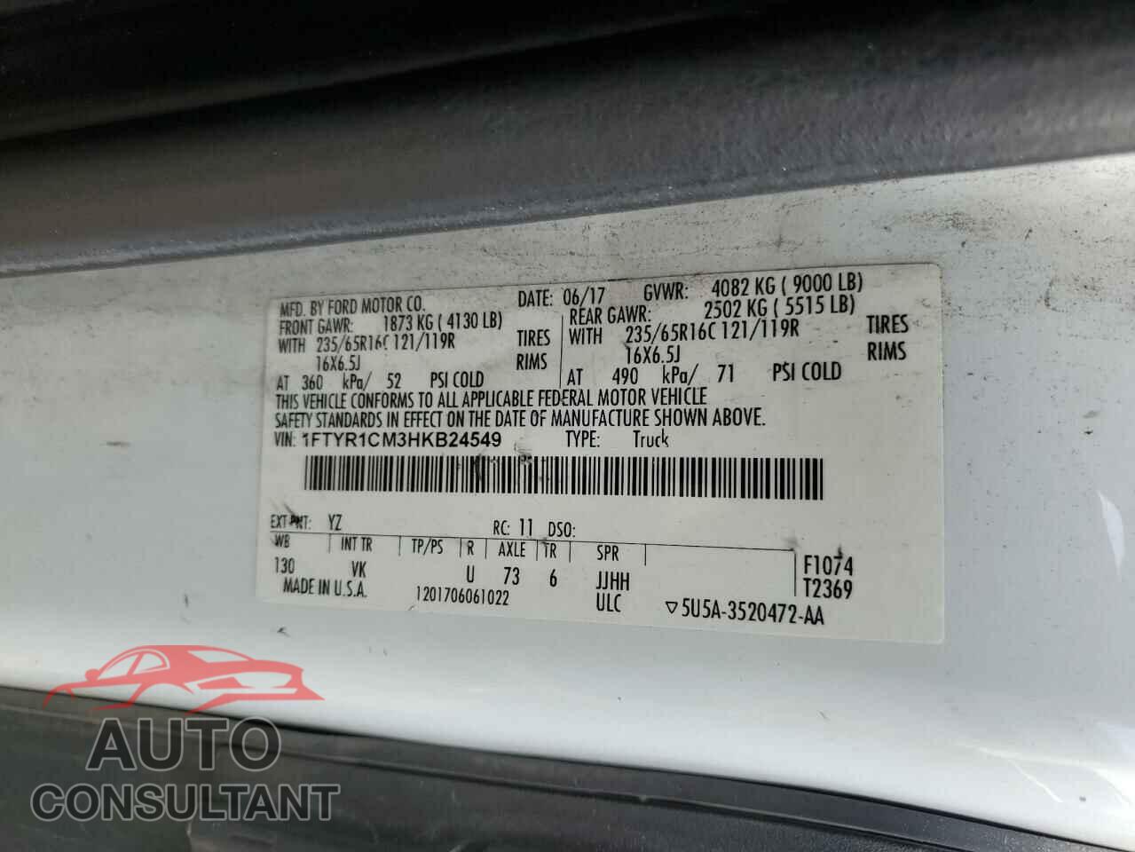 FORD TRANSIT 2017 - 1FTYR1CM3HKB24549