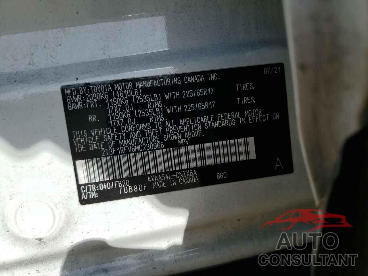 TOYOTA RAV4 2021 - 2T3F1RFV6MC230966